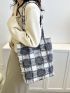 Plaid Pattern Raw Trim Shoulder Tote Bag Casual