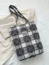 Plaid Pattern Raw Trim Shoulder Tote Bag Casual