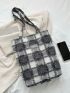 Plaid Pattern Raw Trim Shoulder Tote Bag Casual