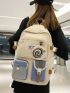 Colorblock Letter Patch Functional Backpack Zipper Preppy