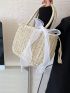 Medium Bow Decor Straw Bag Double Handle Vacation Style