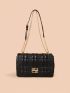 Metal Decor Quilted Flap Square Bag Black Genuine Leather Fashionable