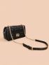 Metal Decor Quilted Flap Square Bag Black Genuine Leather Fashionable