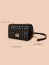 Metal Decor Quilted Flap Square Bag Black Genuine Leather Fashionable