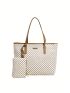 Geometric Pattern Shoulder Tote Bag Brown Fashionable With Purse