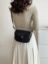 Mini Litchi Embossed Buckle Decor Flap Saddle Bag Black Fashionable