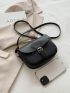 Mini Litchi Embossed Buckle Decor Flap Saddle Bag Black Fashionable