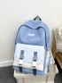 Medium Classic Backpack Colorblock Letter Patch Decor Preppy