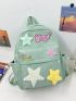 Star & Letter Patch Decor Functional Backpack Zipper Preppy