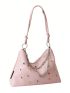 Rhinestone Decor Hobo Bag Zipper Pink Medium