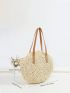 Beige Straw Bag Large Capacity Double Handle For Vacation