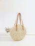 Beige Straw Bag Large Capacity Double Handle For Vacation