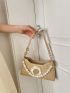 Flower Decor Straw Bag Beige Baguette Bag Fashionable For Vacation