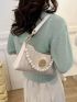 Flower Decor Straw Bag Beige Baguette Bag Fashionable For Vacation