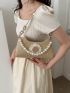 Flower Decor Straw Bag Beige Baguette Bag Fashionable For Vacation