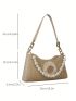 Flower Decor Straw Bag Beige Baguette Bag Fashionable For Vacation