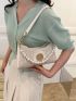 Flower Decor Straw Bag Beige Baguette Bag Fashionable For Vacation