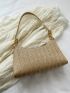 Flower Decor Straw Bag Beige Baguette Bag Fashionable For Vacation