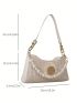 Flower Decor Straw Bag Beige Baguette Bag Fashionable For Vacation