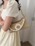 Flower Decor Straw Bag Beige Baguette Bag Fashionable For Vacation