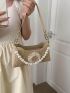 Flower Decor Straw Bag Beige Baguette Bag Fashionable For Vacation