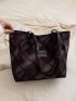 Letter Patch Decor Shoulder Tote Bag Plaid Pattern Double Handle