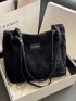 Black Square Bag Fashionable Textured Letter Patch Decor Zipper PU