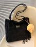 Black Square Bag Fashionable Textured Letter Patch Decor Zipper PU