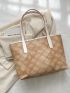 Plaid Pattern Shoulder Tote Bag Contrast Binding PU Fashionable