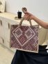 Geometric Pattern Shoulder Tote Bag Colorblock Double Handle Fashionable