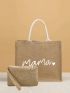 Letter Graphic Khaki Fashionable Shopper Bag With Purse