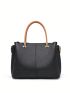 Litchi Embossed Metal Decor Square Bag Colorblock Double Handle Genuine Leather