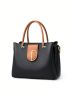 Litchi Embossed Metal Decor Square Bag Colorblock Double Handle Genuine Leather