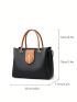 Litchi Embossed Metal Decor Square Bag Colorblock Double Handle Genuine Leather