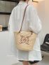 Medium Straw Bag Embroidered Detail Drawstring Design Vacation