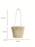 Medium Straw Bag Embroidered Detail Drawstring Design Vacation