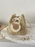 Mini Flower Decor Drawstring Straw Bag Vacation