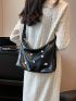 Metal Decor Hobo Bag Black Fashionable Shoulder Bag