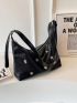 Metal Decor Hobo Bag Black Fashionable Shoulder Bag