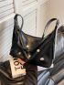 Metal Decor Hobo Bag Black Fashionable Shoulder Bag