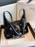 Metal Decor Hobo Bag Black Fashionable Shoulder Bag