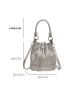 Mini Bucket Bag Silver Rhinestone Decor Drawstring Design Fashionable