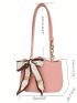 Litchi Embossed Hobo Bag Pink Twilly Scarf Decor Double Handle