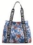 Tropical Print Shoulder Tote Bag Letter Tape Decor