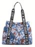 Tropical Print Shoulder Tote Bag Letter Tape Decor