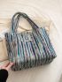 Colorblock Striped Pattern Shopper Bag Double Letter Patch Decor