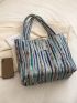 Colorblock Striped Pattern Shopper Bag Double Letter Patch Decor