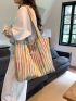 Colorblock Striped Pattern Shopper Bag Double Letter Patch Decor