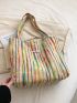 Colorblock Striped Pattern Shopper Bag Double Letter Patch Decor