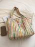 Colorblock Striped Pattern Shopper Bag Double Letter Patch Decor